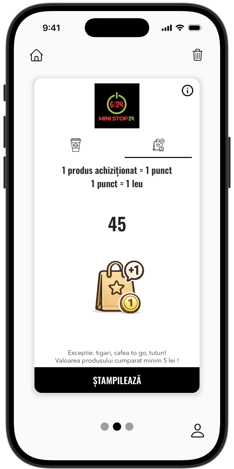 Cardul MINI STOP 24 în aplicația Stampino, cu oferta pe puncte și cardul de cafea