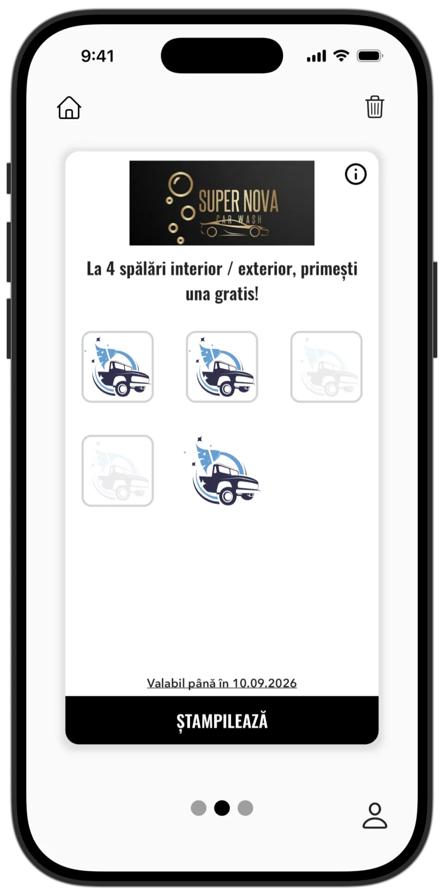 Cardul Super Nova Car Wash în aplicația Stampino, cu oferta de 4+1 spălări